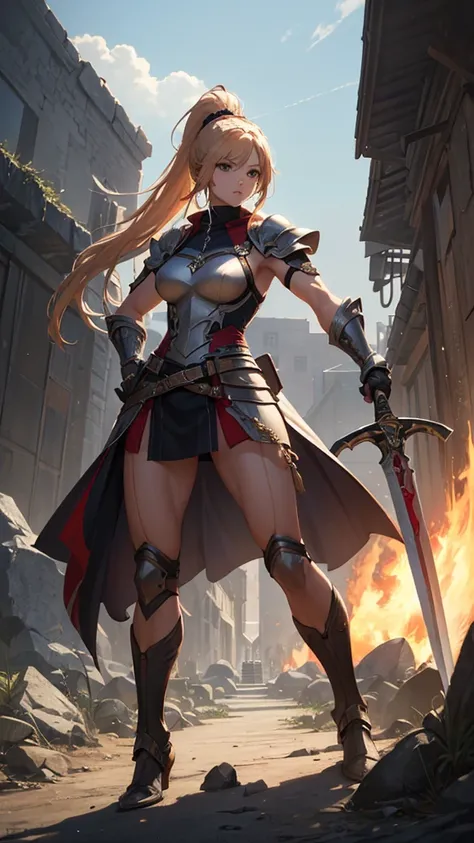 (masterpiece, 4K ,Super detailed:1.2), (anime:1), (Perfect quality), The whole body is shown, View Viewer, Holding a sword, ponytail, Muscular and ultra violent women, Powerfully々And, epic female swordsman, RPG concept art character, Armor dress