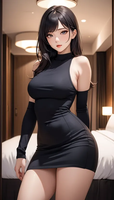 masterpiece, high resolution, beautiful woman, Korean Beauty, 30 years old, black sleeve less sweater, mini pencil skirt, beautiful woman, night hotel, standing and looking at me, high resolution face, (high resolution eyes), black hair, curvy
