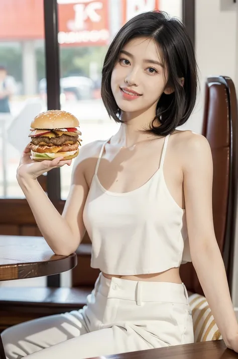 (((best quality))),(((ultra detailed))),(((masterpiece))),illustration,((1girl,solo)),(straight black bob hair:1.2),((slim,thin)),((small breasts,flat chest)),sitting,(in KFC:1.3), (burgers and drink on the table:1.2),((white strap tank top, white pants)),...