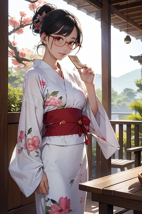 Highest quality、masterpiece、High sensitivity、High resolution、Detailed Description、Slender women、Glasses、Wind chimes on the veranda、In a yukata、With a fan in hand、