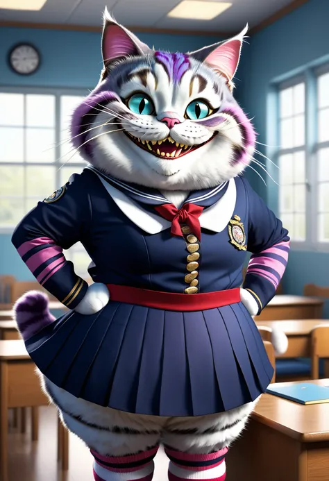  photorealistic portrait of Dressed animals-a ((fat)) ((Cheshire cat)) student,(furry), (elegant pose:1.5), (hands on hips:1.5),(smile:1.5),high quality,(),(lovely) ,intricate details, Wearing Japanese sailor uniform , (), highly detailed ((female sailor u...