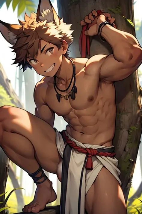 野性的なBrown skinの狼獣人の部族の細マッチョな奴隷少年、Brown skin、barefoot、barbarian、Ankle Accessories、Wolf Ears、Wearing an ivory necklace、smile、Wearing a loincloth、Short Hair、Tattered Loincloth、Iron Collar、Jungle Lake、Open