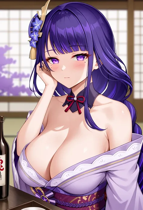 raiden shogun, 1girl, solo, long hair, breasts, looking at viewer, blush, bangs, large breasts, hair ornament, cleavage, bare shoulders, closed mouth, purple eyes, upper body, purple hair, braid, flower, japanese clothes, hair flower, wide sleeves, kimono,...