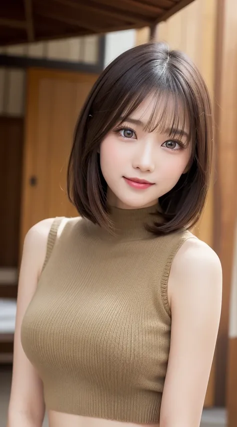 masutepiece, Best Quality, Photorealsitic, finely detail, hight resolution, 8K Wallpapers, Perfect dynamic composition, Beautiful detailed eyes, Medium Hair, large full breasts, Random and sexy poses,Bring your chest together、(Mock Neck Crop Tank Top Khaki...