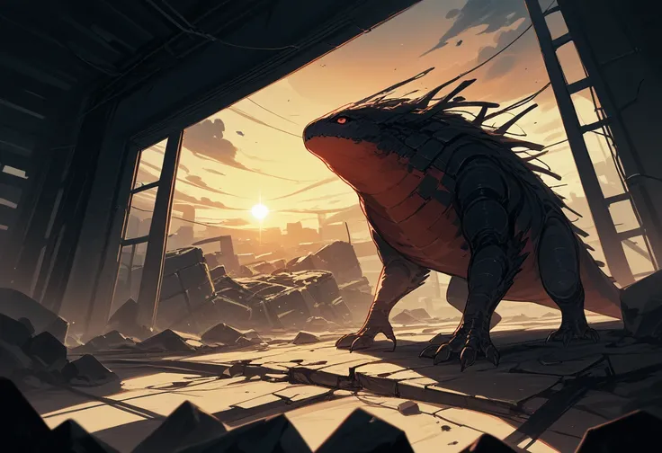 highres, top quality, best quality, paid reward available, High-quality illustrations, unparalleled masterpiece, perfect artwork, absurdres, animal creature standing in the center of a dimly lit room, Rubble, decayed room, Sunset through the window,  lens ...