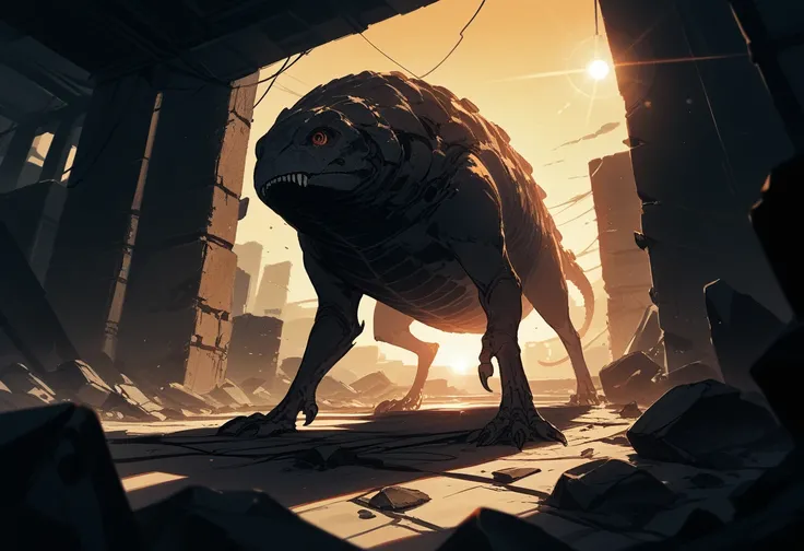 highres, top quality, best quality, paid reward available, High-quality illustrations, unparalleled masterpiece, perfect artwork, absurdres, animal creature standing in the center of a dimly lit room, Rubble, decayed room, Sunset through the window,  lens ...