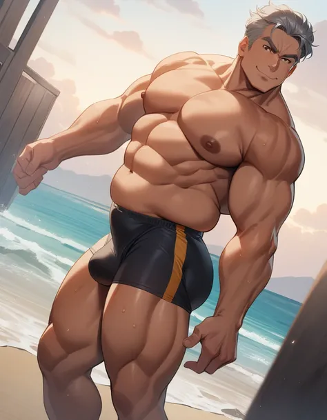 1man, mature teacher, physical education teacher, 40yo, gray hair, tanned skin, brown eyes, forehead, crewcut, handsome, masculine, pentagon face, stocky waist, slighty chubby, muscular plump, heavy weight japanese, aggressive, pheromonal, male high ratio ...