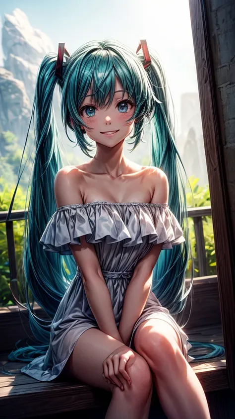 A Makoto Shinkai-esque setting with a mysterious natural backdrop。
While sitting。
Wearing a white dress。
Off-the-shoulder dress。
Smiling and looking upwards。
Hatsune Miku from the front。