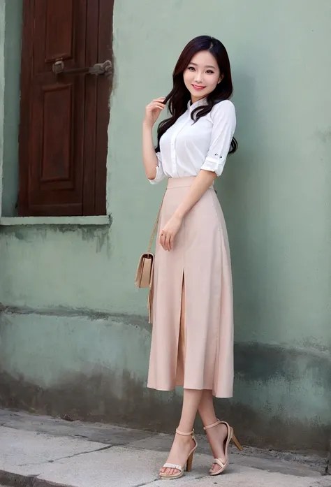 June Vu(Jun Vu)A similar Vietnamese woman、Wearing a casual skirt、Smile、whole body、One woman