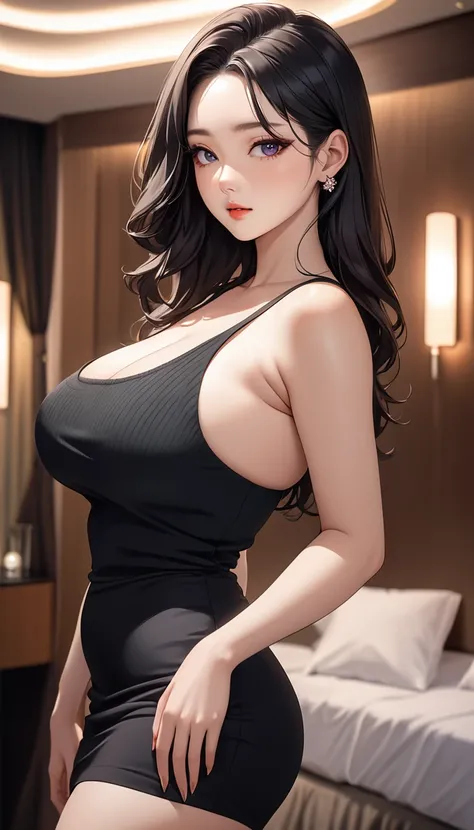 masterpiece, high resolution, beautiful woman, Korean Beauty, 30 years old, black sleeve less sweater, mini pencil skirt, beautiful woman, night hotel, standing and looking at me, high resolution face, (high resolution eyes), black hair, curvy
