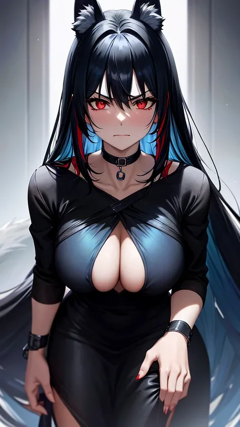 An adult woman, half wolf, black and blue hair, black ears, shining red eyes, wearing a black and blue dress, very angry, wide breasts