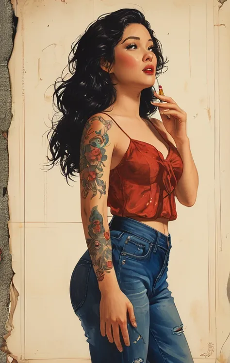 Classic American traditional tattoo style 1girl cigarette,masterpiece,realistic,reality,highres, slim, fit, thin body, Bold lines, nautical elements, retro flair, symbolic