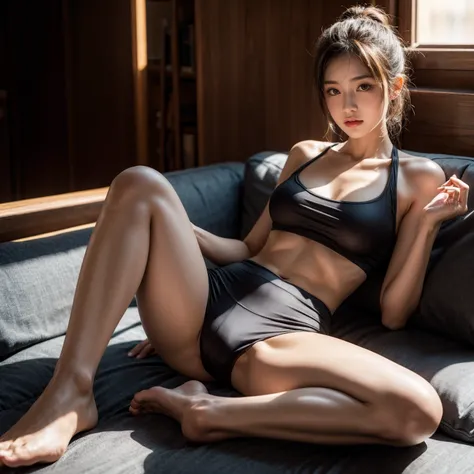 light on face, cinematic lighting, 1girl, 16 years old, ((no panties)), ((dynamic pose))), (camel toe), (half), (pantyhose), (knee-bending leg sitting))