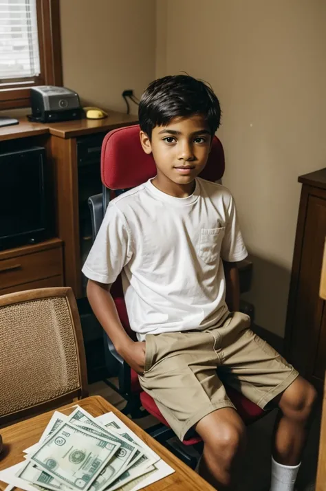 A 13 year boy sitting in chair in a room full of money 