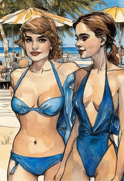 Emma Watson and Natalie Portman, on the beach in blue bikinis, watercolors in the style of Milo Manara, talking to a French policeman