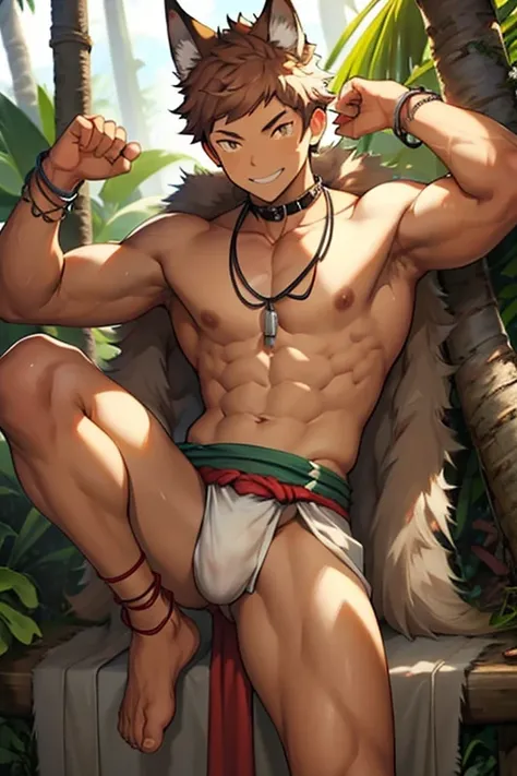 野性的なBrown skinの狼獣人の部族の細マッチョな奴隷少年、Brown skin、barefoot、barbarian、Ankle Accessories、Wolf Ears、Wearing an ivory necklace、smile、Wearing a loincloth、Short Hair、Tattered Loincloth、Iron Collar、Jungle Lake、fine