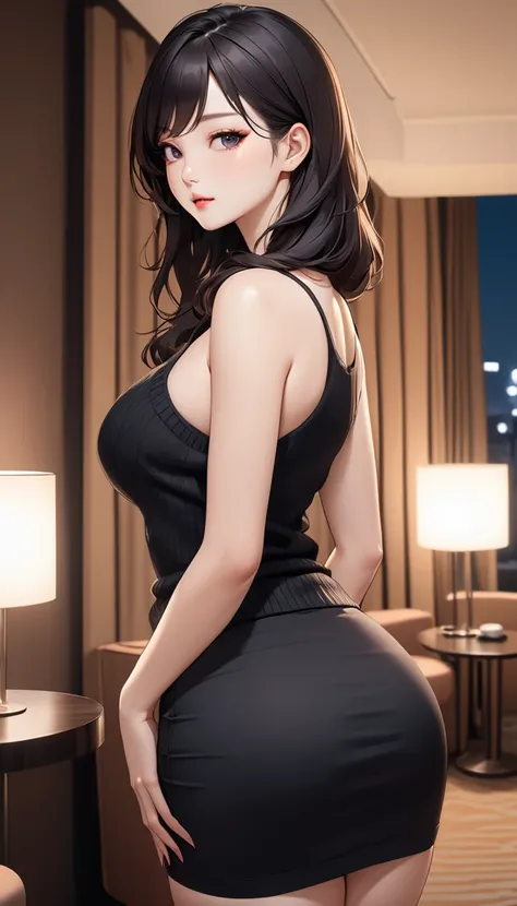 masterpiece, high resolution, beautiful woman, Korean Beauty, 30 years old, black sleeve less sweater, mini pencil skirt, beautiful woman, night hotel, standing and looking at me, high resolution face, (high resolution eyes), black hair, little curvy
