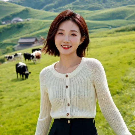 8k best picture quality, Beautiful 36-year-old Korean woman, I have good skin and clear and pretty eyes.. clear and nice weather. Chest size 34 inches, french country village, A cathedral can be seen on a hill in the distance.., The back background is real...