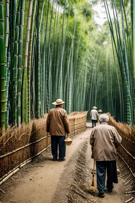 An old woman and an old man are collecting bamboo shoots.