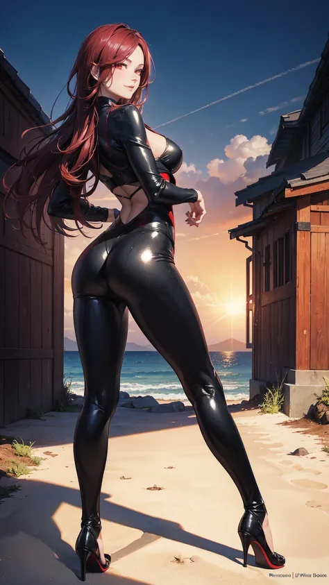 a woman with a seductive expression, loving smile, view from behind, perfect ass, detailed eyes, pose sexy, long dark crimson hair, his super detailed glowing eyes, Full lips painted red, chiseled physique and wide hips. He wears a closed black leather jum...