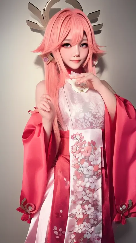 Beautiful girl, Yaemiko, wearing Japanese clothes, hair ornaments, pink clothes, detailed, HD, realistic graphics