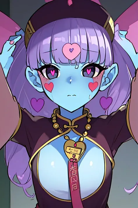 Apparition，Jiangshi，Light blue skin，Magenta pupils，Black eyes，Hearts under the eyes，talisman，Jiangshi帽子，Heart Beads，Twin tails