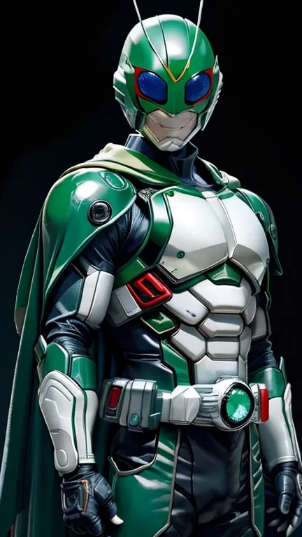 (8k),(masterpiece),(Japanese),(8-year-old boy),((innocent look)),((Childish)),From the front,smile,cute,Innocent,Kind eyes,Flat chest, green helmet, green domino mask, white mask,blue cape, Martian Manhunter,Bald,No Hair, Henshin Pose,night,dark, Neon ligh...