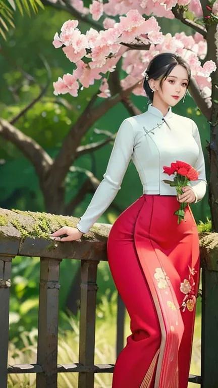 a beautiful girl in vintage colors aodai , masterpiece, best quality, realistic:1.3, street, holding bundle of flowers, red+ping dress, sunlight, backlighting, artstation, intricate details, vignettThe owner of an attractive body outline and high hips3d 4k