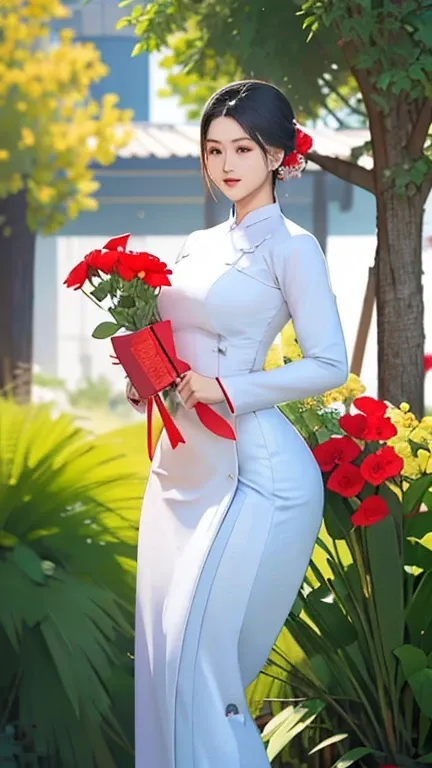 a beautiful girl in vintage colors aodai , masterpiece, best quality, realistic:1.3, street, holding bundle of flowers, red+ping dress, sunlight, backlighting, artstation, intricate details, vignettThe owner of an attractive body outline and high hips3d 4k