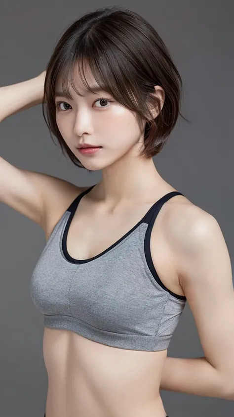 (Highest quality, 8K, 32k, masterpiece, Ultra-high resolution:1.2),Beautiful Japanese Women Photos, Very short bob hair,Upper Body,Face Focus,(Calvin Klein, Grey sports bra), Simple Background, From above, View your viewers,