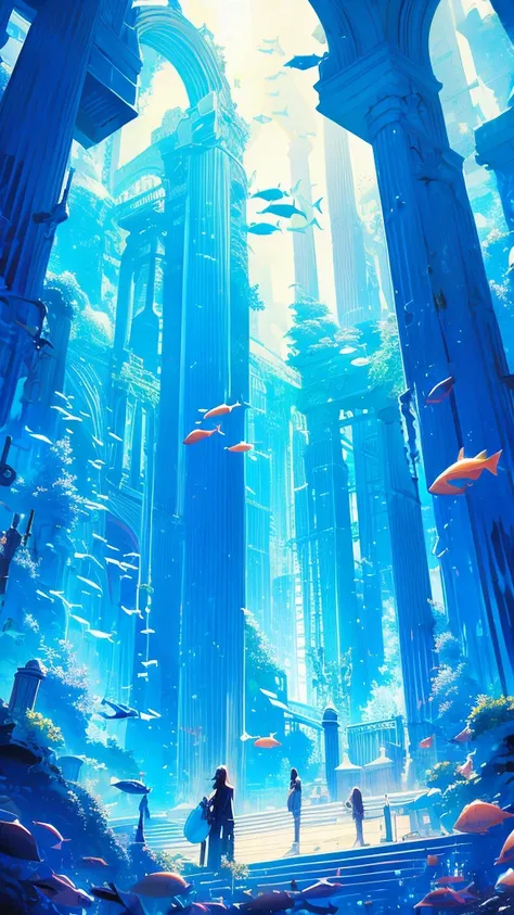 hdsj, blue themes, pillar, long hair, black hair, solo, scenery, column, bubble, 1boys, fish，underwater