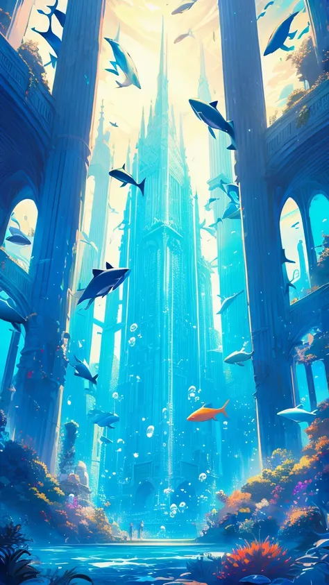 hdsj, blue themes, pillar, long hair, black hair, solo, scenery, column, bubble, 1boys, fish，underwater