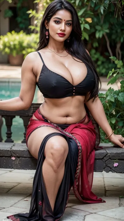 Hot and sexy milf woman, gigantic breasts, cleavage, wore stylish and design hot and sexy saree , loose blouse , deep cleavage, sitting in rose garden (afternoon time), sitting & model pose, beautiful body, masterpiece, ultra realistic,detailed, 16 k , Fil...