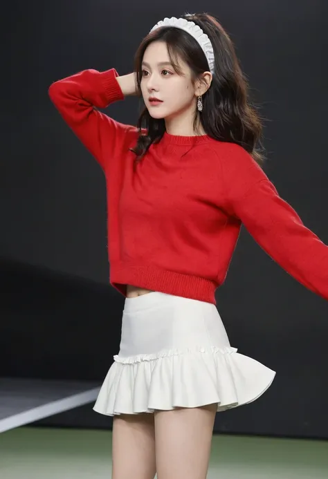 masterpiece, best quality, pus, Headband, Red sweater, White ruffled skirt, sports shoes, permanent, Looking at the audience 