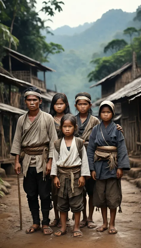 asep baduy tribe and his family abandoned by their tribe, dressed in dull white, left to fend for themselves in the wild, cinema...