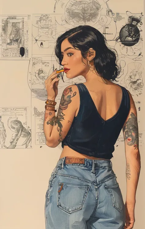 Classic American traditional tattoo style 1girl cigarette,masterpiece,realistic,reality,highres, slim, fit, thin body, Bold lines, nautical elements, retro flair, symbolic