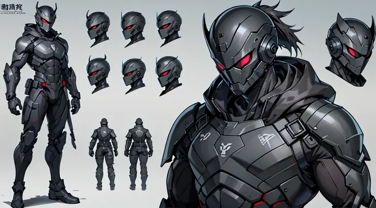 Character design sheet、male、Black combat uniform、Body Armor、Powered Suit、Full Face Helmets、cyber punk