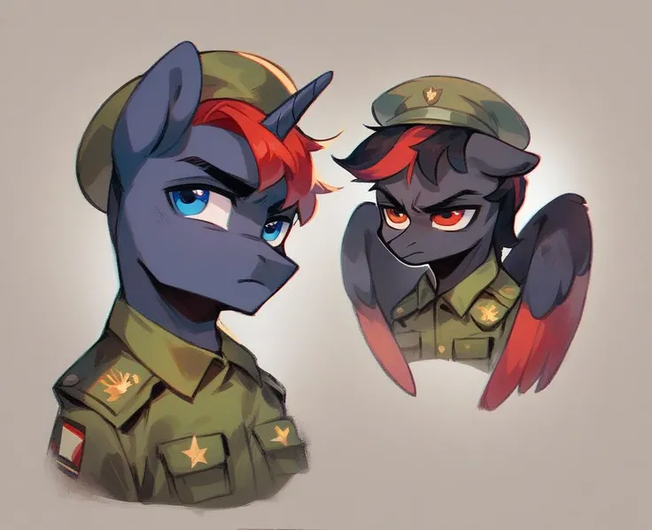 Two subjects; Male alicorn pony with black fur and red hair and blue eyes and red feathers on wings, male pegasus pony with yellow fur and black hair and blue eyes, legs around each other, wartime photo, vietnam-era army uniforms, frowns, wide-angle shot