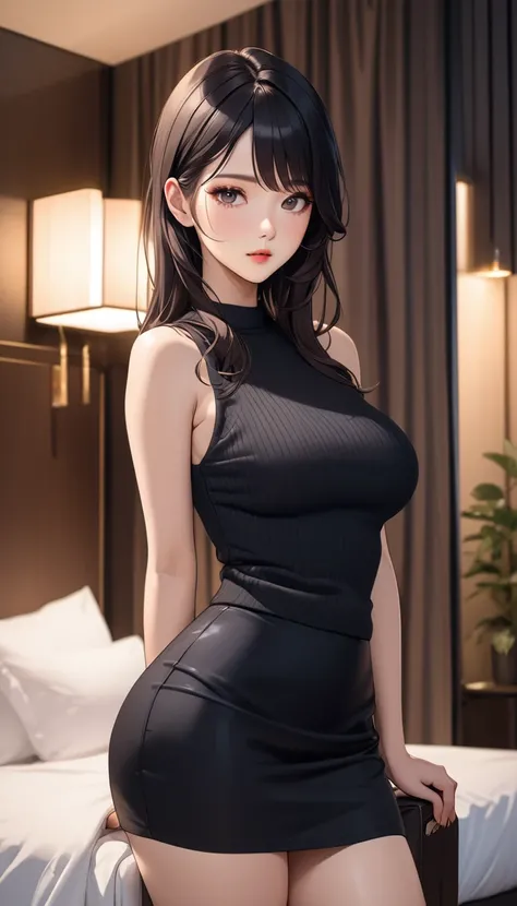 masterpiece, high resolution, beautiful woman, Korean Beauty, 30 years old, black sleeve less sweater, mini pencil skirt, beautiful woman, night hotel, standing and looking at me, high resolution face, (high resolution eyes), black hair, little curvy
