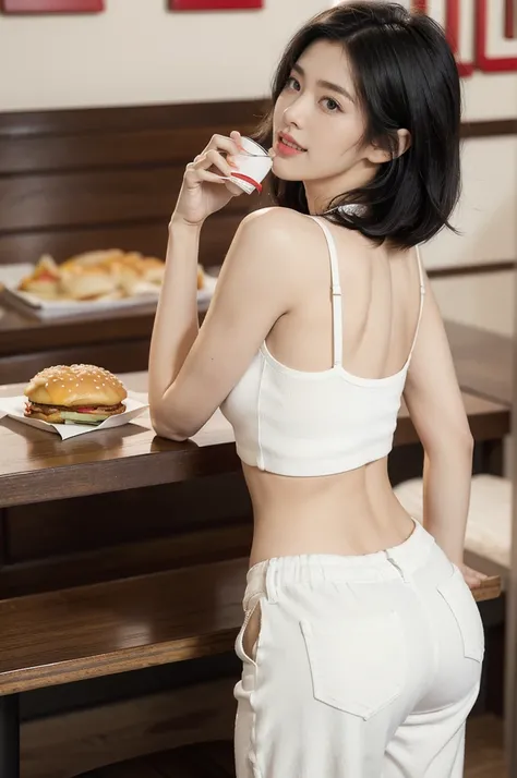 (((best quality))),(((ultra detailed))),(((masterpiece))),illustration,((1girl,solo)),(straight black bob hair:1.2),((slim,thin)),((bare back,towering hips,butt crack)),sitting,(in KFC:1.3), (burgers and drink on the table:1.2),((white strap tank top, whit...