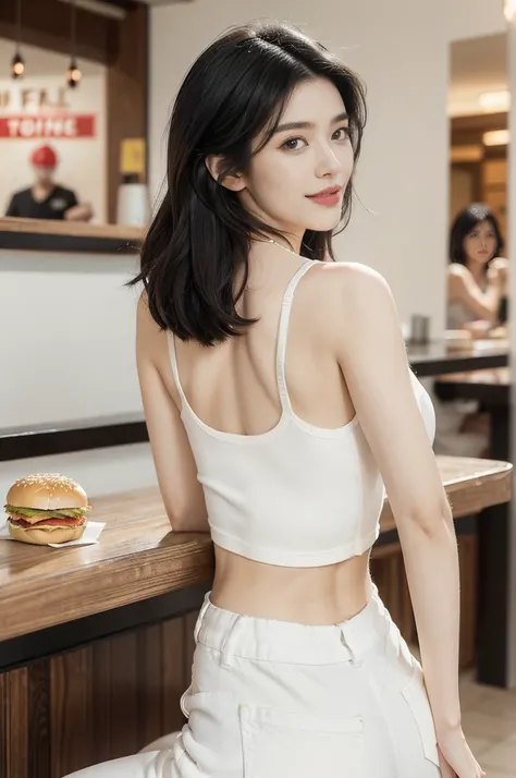 (((best quality))),(((ultra detailed))),(((masterpiece))),illustration,((1girl,solo)),(straight black bob hair:1.2),((slim,thin)),((bare back,towering hips,butt crack)),sitting,(in KFC:1.3), (burgers and drink on the table:1.2),((white strap tank top, whit...