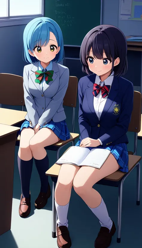 Multiple girls, 2girls,Two anime girls in otonokizaka ,winter uniform, navy blue blazer,red striped bow tie, blue pleated skirt, knee socks, loafers, smile,blush,closed mouth, talking each other,in classroom,from front, BREAK score_9, score_8_up, score_7_u...