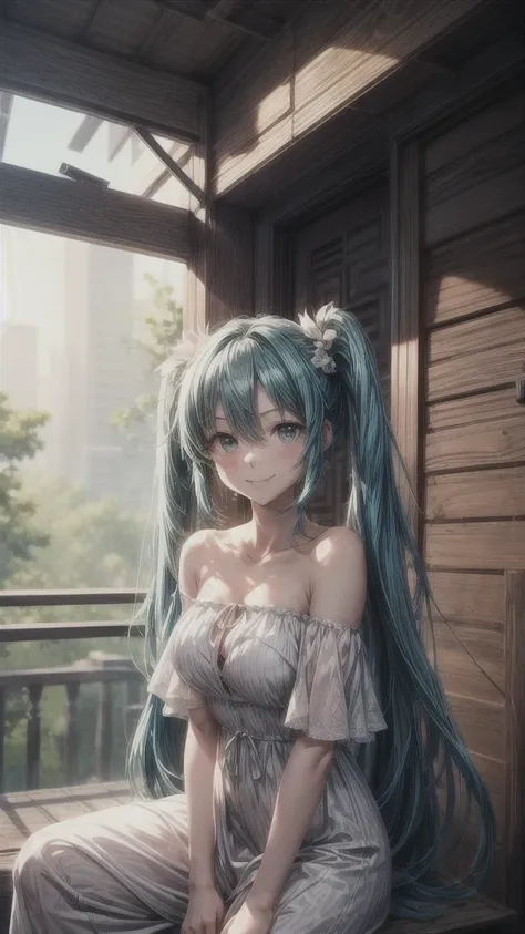 A Makoto Shinkai-esque setting with a mysterious natural backdrop。
While sitting。
Wearing a white dress。
Off-the-shoulder dress。
Smiling and looking upwards。
Hatsune Miku from the front。
The hair is long and straight
