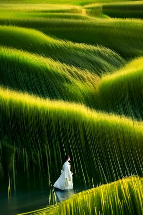 a woman wearing hanfu is swimming in the long green grass, similar to marcin sobas style, wavy lines, the slightest sign of trou...