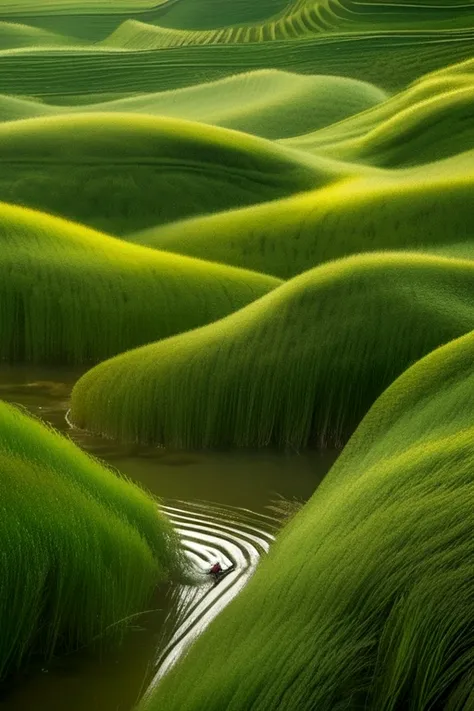 a woman wearing hanfu is swimming in the long green grass, similar to marcin sobas style, wavy lines, the slightest sign of trou...