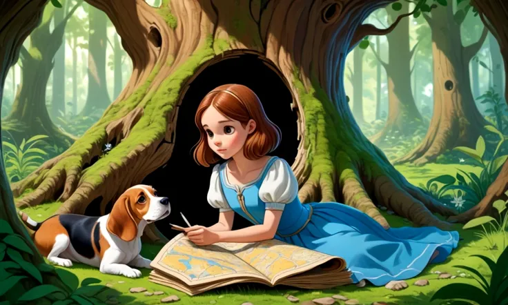 Draw one with brown hair and a blue dress, along with a brown and white beagle, finding an ancient map inside a hollow tree in a lush green forest