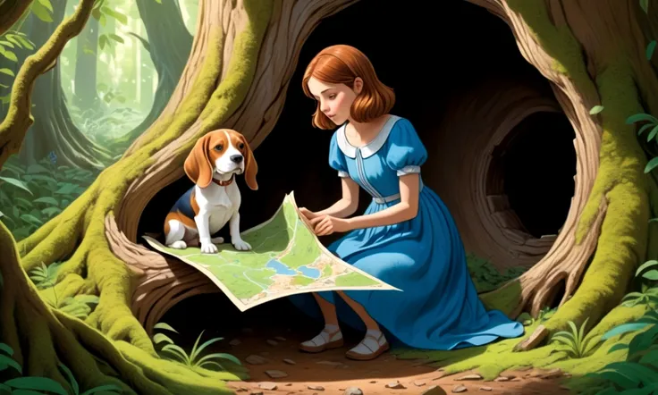 Draw one with brown hair and a blue dress, along with a brown and white beagle, finding an ancient map inside a hollow tree in a lush green forest