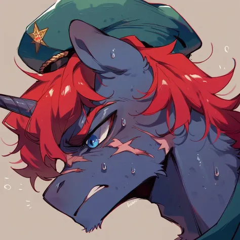 Male alicorn pony, black fur, long red hair, deep blue eyes, red feathers on wings, scar over left eye, red striping, vietnam-era army uniform, boonie hat, in a swamp, sweating, close-up portrait 