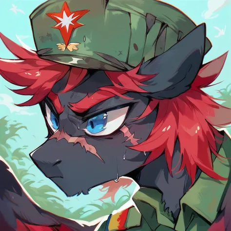 Male alicorn pony, black fur, long red hair, deep blue eyes, red feathers on wings, scar over left eye, red striping, vietnam-era army uniform, boonie hat, in a swamp, sweating, close-up portrait 