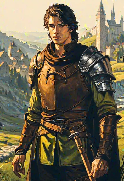 crayons, pictorial (styled), male rogue from the Elder Scrolls series, trunk, portraite, short dark hair, golden eye, Light green skin, brown leather armor, simple shoulder pad, black leather boots in a medieval European landscape, Dynamic shading, oil on ...